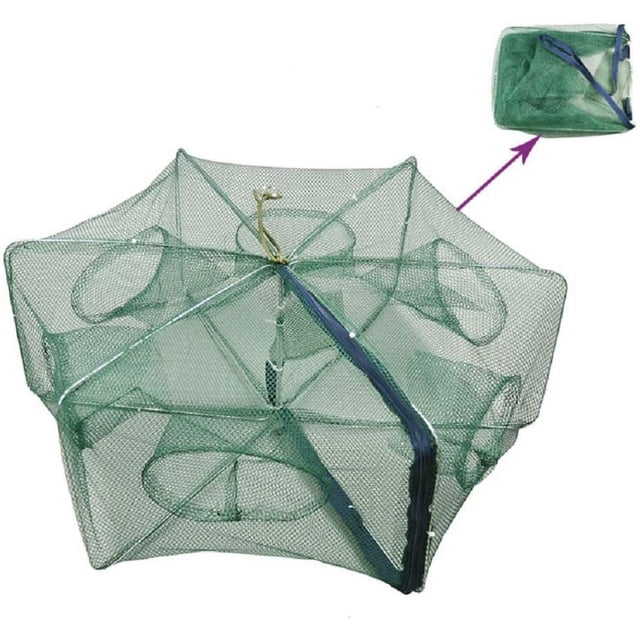 Red de pesca plegable portátil para peces, camarones, cangrejos, cangrejos, trampa de malla fundida, automática, fácil de usar, jaula hexagonal de 6 agujeros, cangrejo, peces y camarones