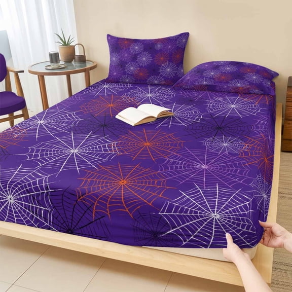 Twin XL Size Fitted Sheet Set - Purple Halloween 2 Piece Bedding Sets 16" Deep Pocket Fitted Sheet with 1 Pillowcases, Red Black White Net Halloween Brushed Microfiber Hotel Luxury Bed Sheets