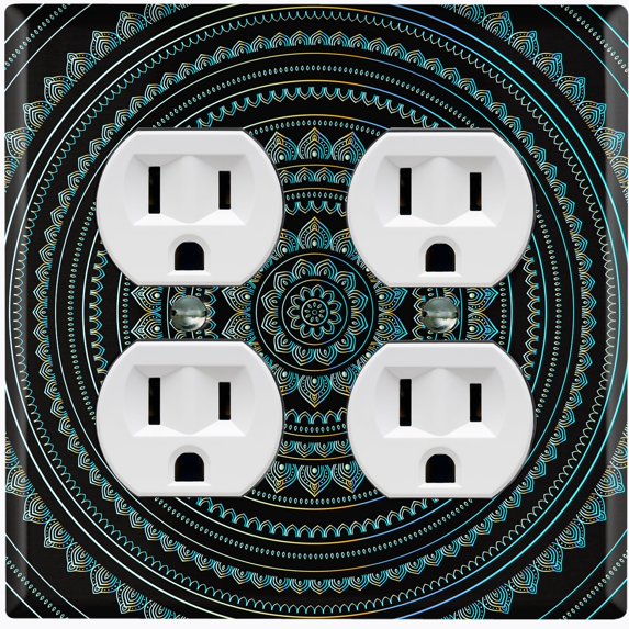 Metal Light Switch Plate Cover Teal Black Mandala Circle Tile Pattern MDL012