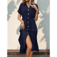 thumbnail image 4 of Women'S Solid Color Dress Summer Casual Short Sleeve Button V Neck Dresses Long Beach Shirt Dress with Pockets Navy Blue L, 4 of 7