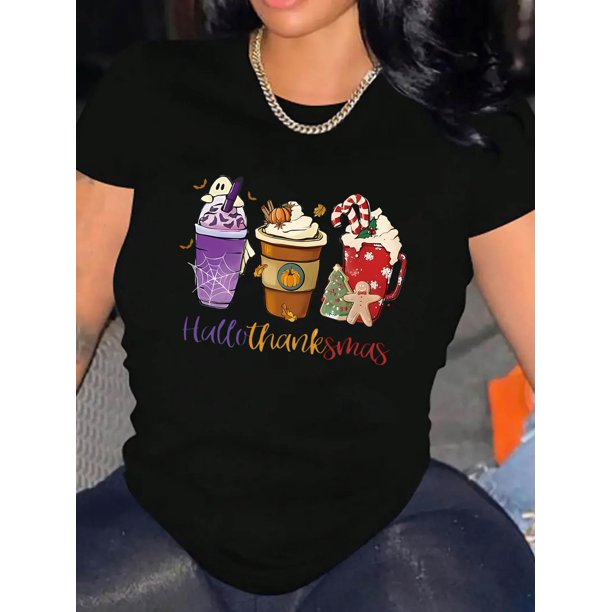 Creative Holiday-Themed Milkshake Pattern Print Women'S Trendy Round Neck Short Sleeve, Simple Casual Sports T-Shirt, Comfortable Summer Top for Women During The Holidays.