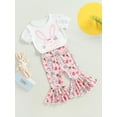 thumbnail image 3 of Toddler Baby Girl Easter Clothes Set Spring Summer Flared Outfit Lace Sleeve T-shirt Tops+Rabbit Print Bell Pants (Green, 3-4T), 3 of 9