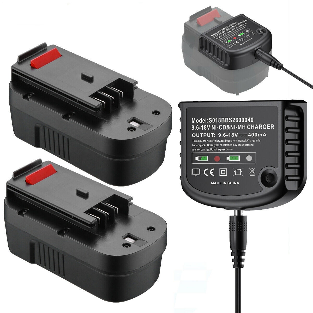 Charger + 2-Pack 18V Ni-CD Battery 3.7Ah HPB18 for Black and Decker 18V  FS18FL FSB18 Firestorm 