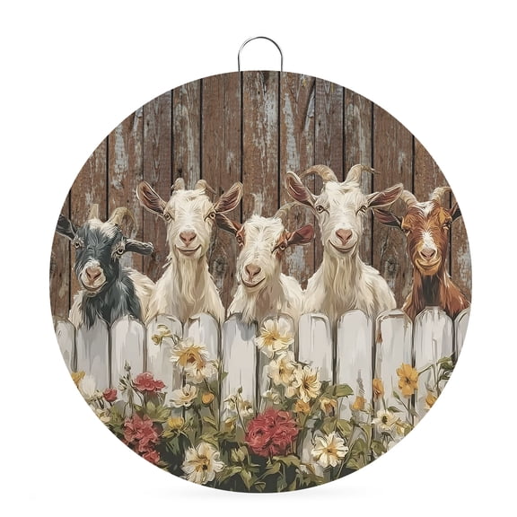Welcome Sign for Front Door,Farmhouse Goats Round Metal Welcome Front Porch Decor,Vintage Country Flowers Brown Wooden Grain Wall Hanging Sign for Living Room Kitchen Hallway Housewarming Gift 8''