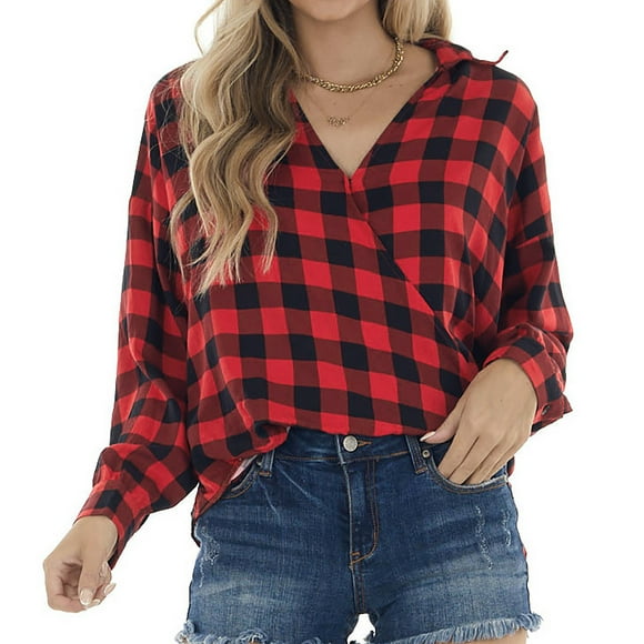 DPTALR Women's Casual Red Plaid Color Matching V-neck Slim Fitting Shirt Top