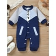 thumbnail image 3 of Chollius Newborn Infant Baby Girls Boys Winter Jumpsuit Set Letter Print Crew Neck Long Sleeve Button Down Patchwork Romper Outfit, 3 of 9