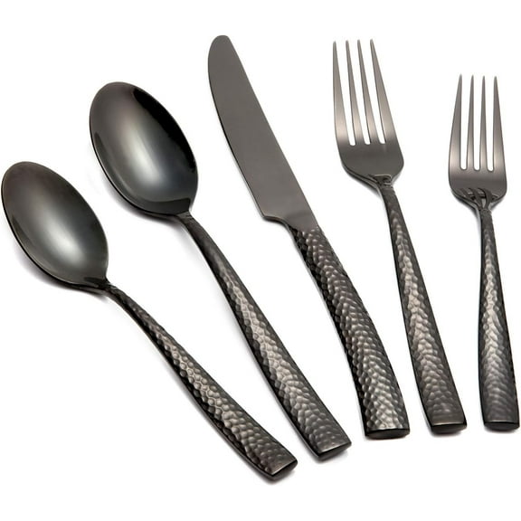 Flatware Cutlery Collection Silverware Utensils Collection 20 Pieces Mirror Finished Black Premium Stainless Steel Cutlery Collection Forged with Hammered Handle Designed for 4, Durable Quality