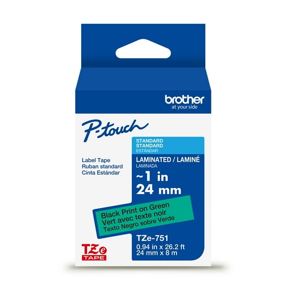 Brother P-touch TZe751 Black Print on Green Label Tape, 1 in x 26.2 ft Laminated, 1-Piece