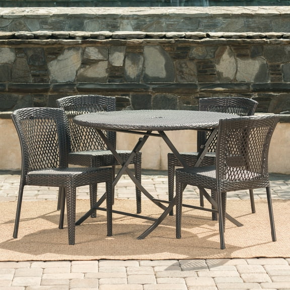 Outdoor 5 Piece Wicker Dining Set with Foldable Table and Stacking Chairs,Multibrown