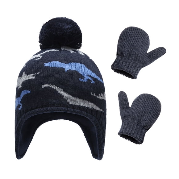 Minnieouse Sombrero Guantes Kit Diseño de orejeras Manoplas de punto para niños con patrones de dinosaurios Animal Accesorios de invierno Regalo de Año Sombreros agua Azul L 4-5 ans Minnieouse AP009413-15B