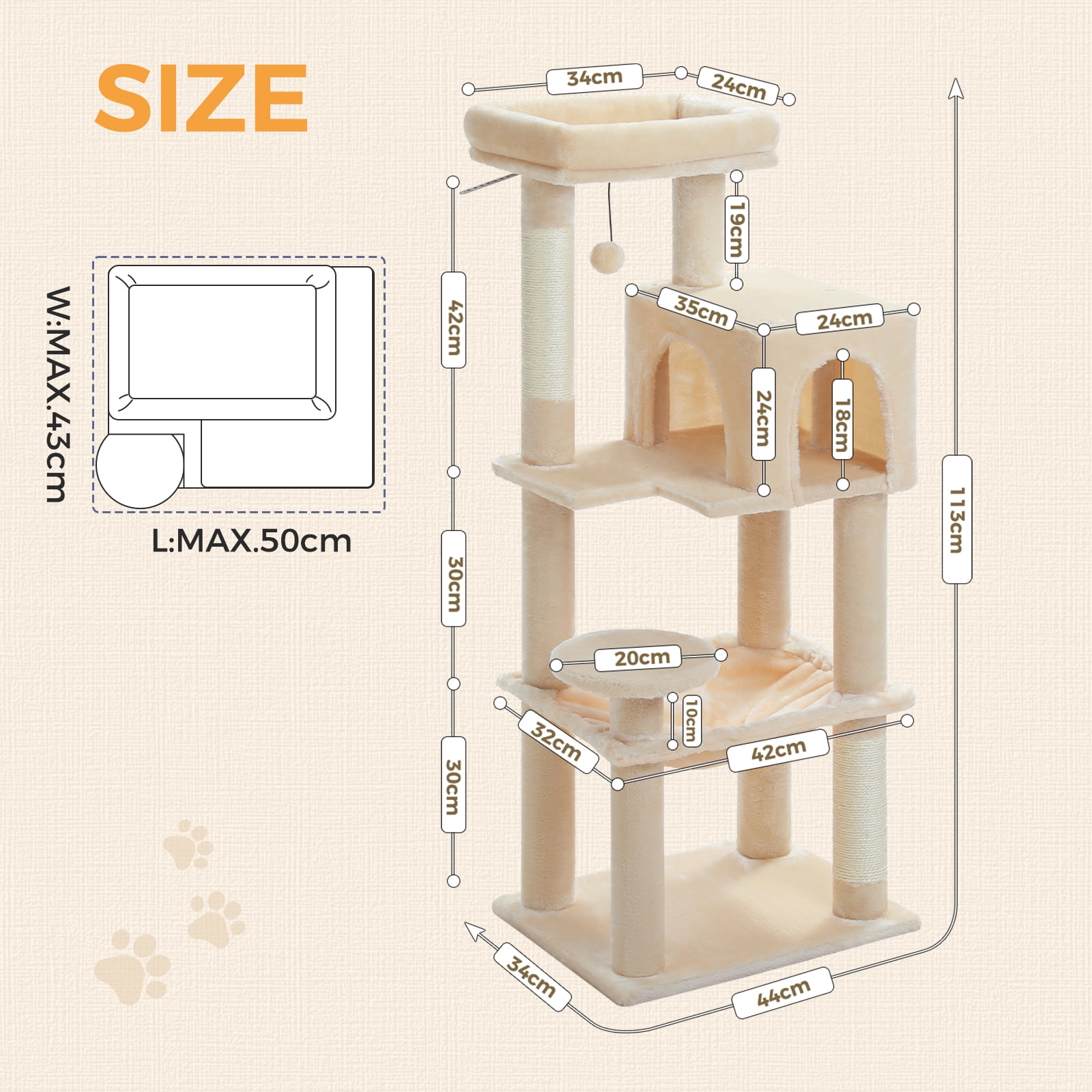 Pefilos 44" Cat Tree Tower for Indoor Cats, 5-Level Cat Condo with Large Hammock, Big Top Perch and 4 Sisal Covered Scratching Pos, Beige