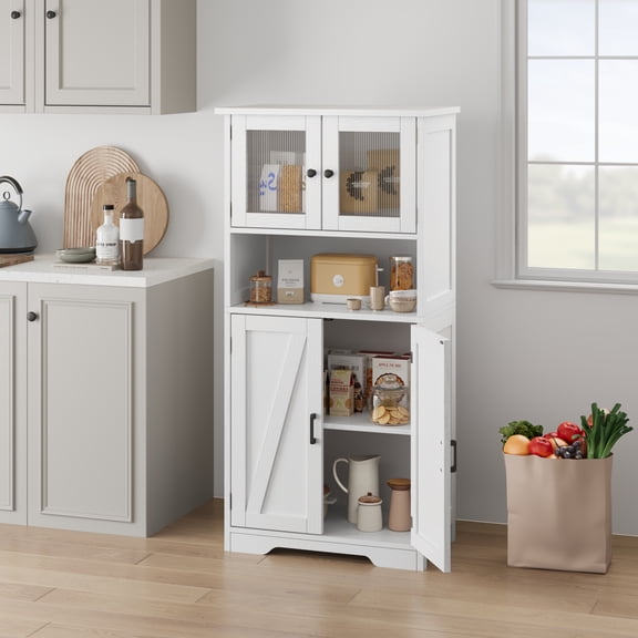 Freestanding Bathroom Cabinet, Kitchen Pantry Cabinet, Floor Storage Cabinet with Glass Doors & Open Shelf, Multipurpose Storage Cabinet with Adjustable Shelves for Bathroom Kitchen Living Room