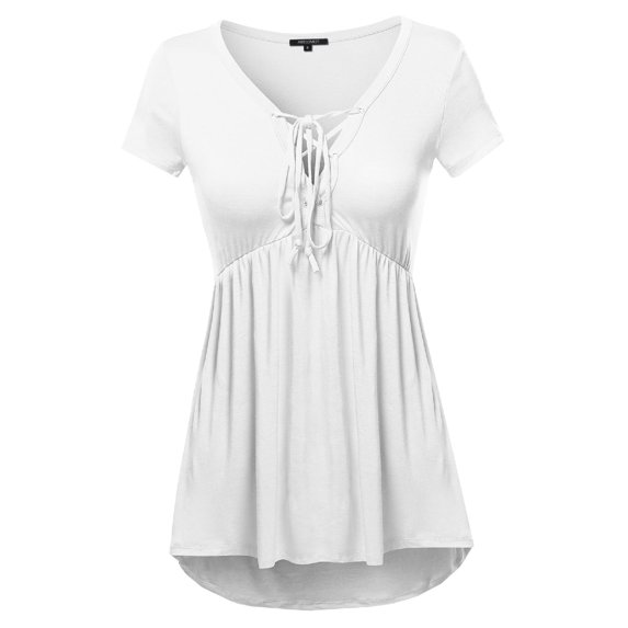 FashionOutfit Women's Casual Solid Soft Stretch Short Sleeve Lace Up Front Top