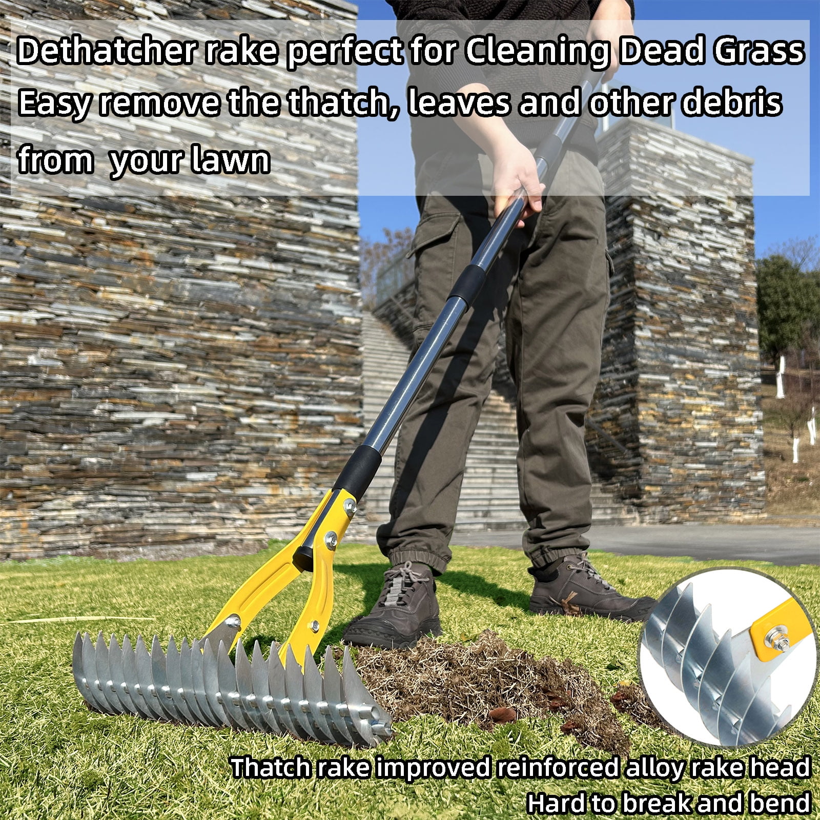 YARTTING Thatch Rake Durable Efficient Dethatcher Rake with Adjustable Handle Steel Garden Rake for Raking Leaves, Dead Grass, Loosening Soil