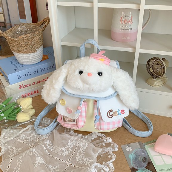 Cute Plush Long Ear Rabbit Backpack Plaid Patchwork Embroidered Letter Decor Lightweight Daily School Travel Daypack