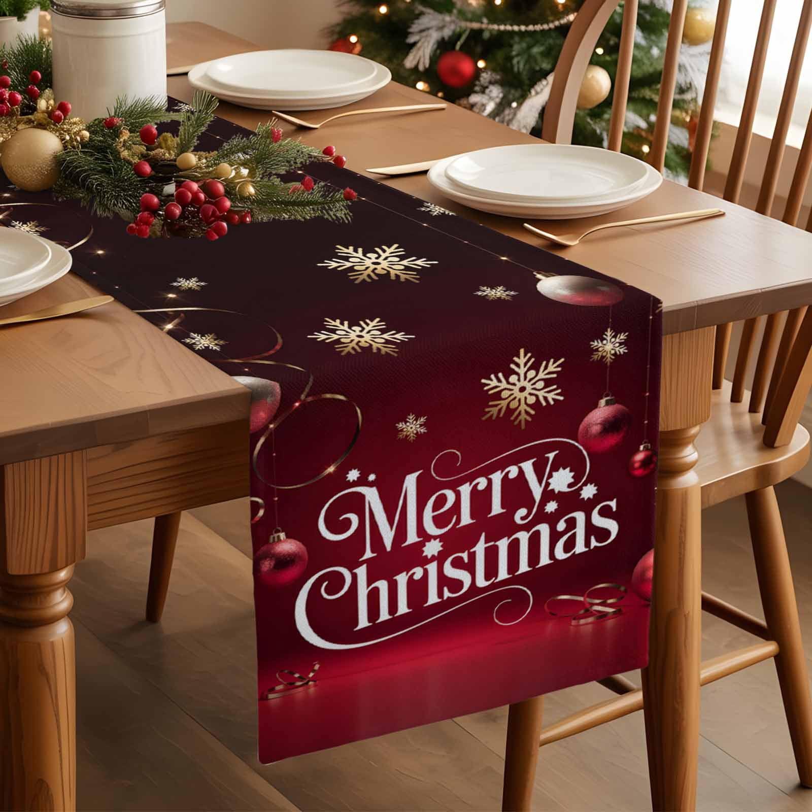 Red Theme Xmas Ball Table Runner 13x90 Inch Starry Merry Christmas Gold Snowflakes Table Runners Dresser Scarves Winter Holiday Kitchen Dining Table Decoration for Home Party Indoor