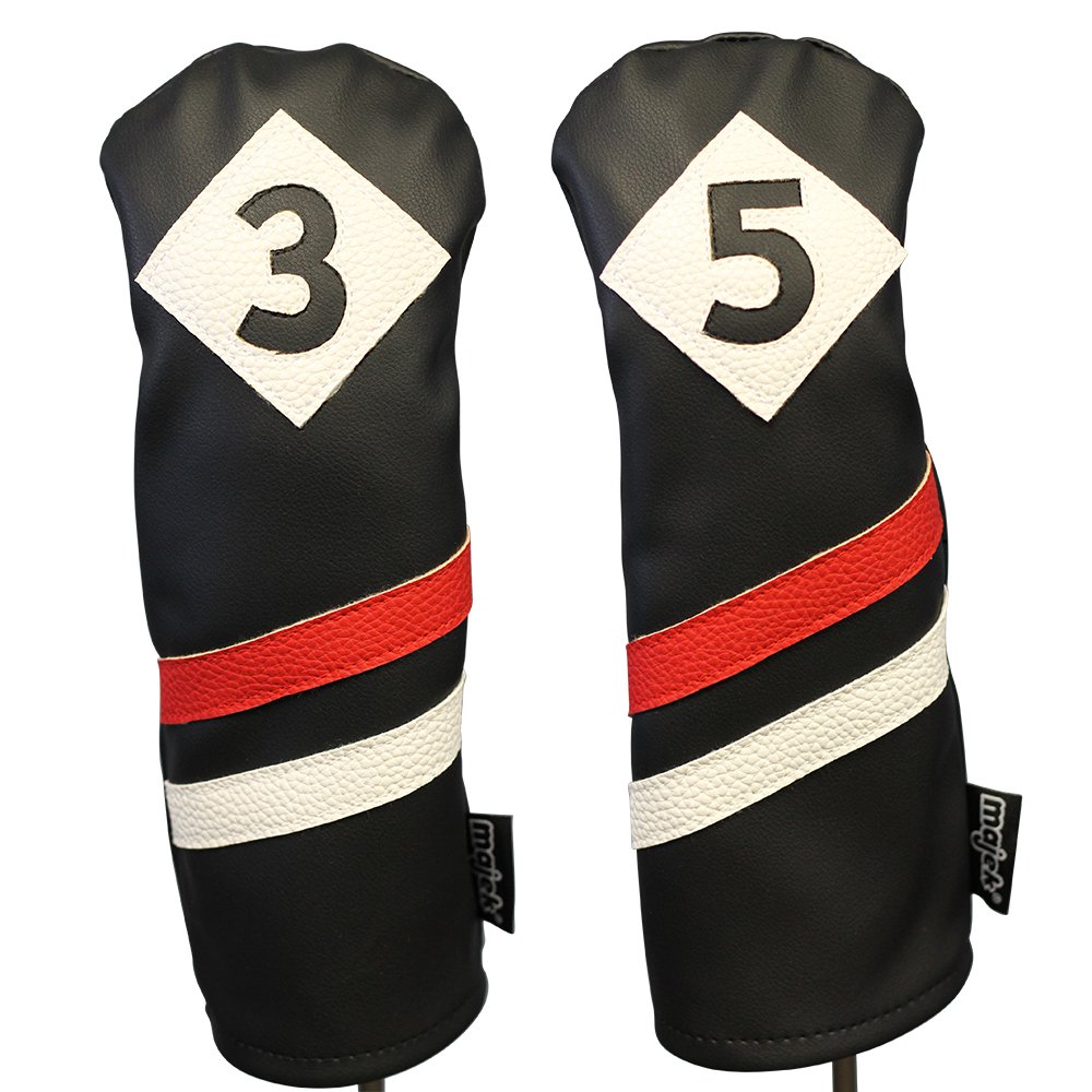 Majek Retro Golf Headcovers Black Red and White Vintage Leather Style 3 & 5 Fairway Wood Head Cover Classic Look