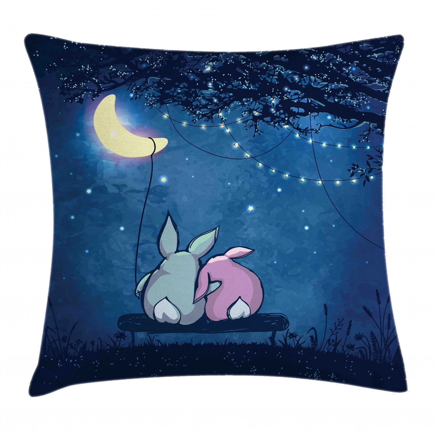 Half Moon Throw Pillow Cushion Cover, Cute Rabbit Couple under Starry