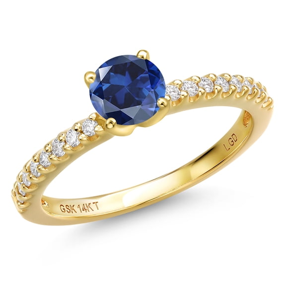 Gem Stone King 14K Yellow Gold Blue Created Sapphire and Lab Grown Diamond Engagement Ring for Women | 0.76 Cttw | Round 5MM | Gemstone September Birthstone | Size 5