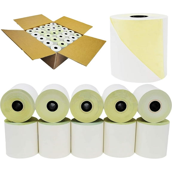 BuyRegisterRolls 25 Rolls Two Ply Carbonless Rolls 3" X 95 Feet, White/Yellow Kitchen Receipt Paper