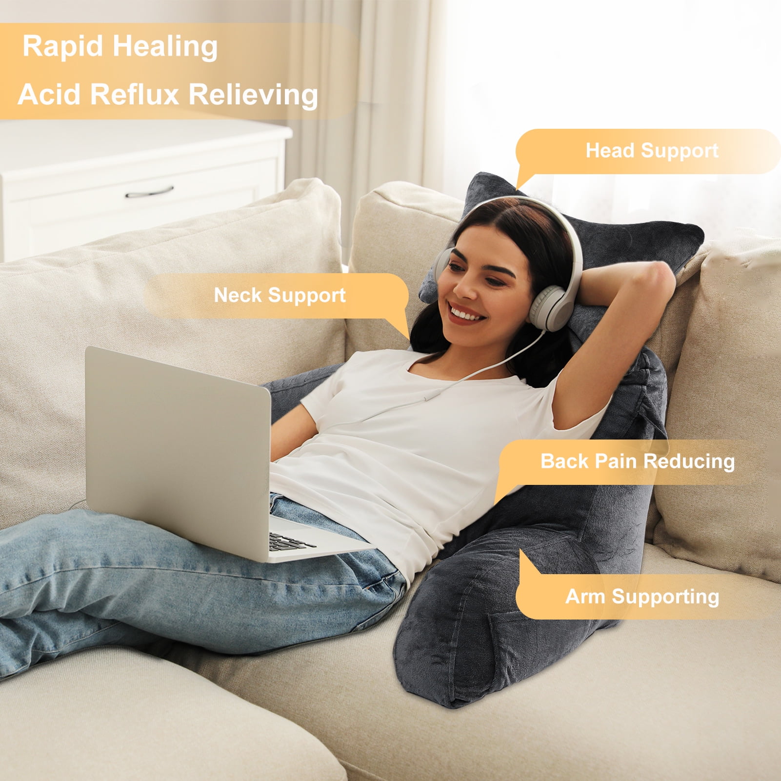 BEIPEGIN Reading Pillow, 23" Backrest Pillow with Arms and Pocket, Bed Rest Pillow with Detachable Neck Roll, Watching TV Bed Rest Reading Gaming Pillow for Adult Kids, Dark Grey
