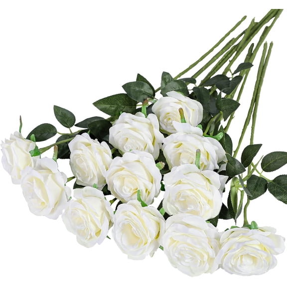 12PCS Artificial Flowers Fake Roses, Realistic Silk Long Stem Red Roses Bouquet for Wedding Centerpiece Home Decor Party & Valentines