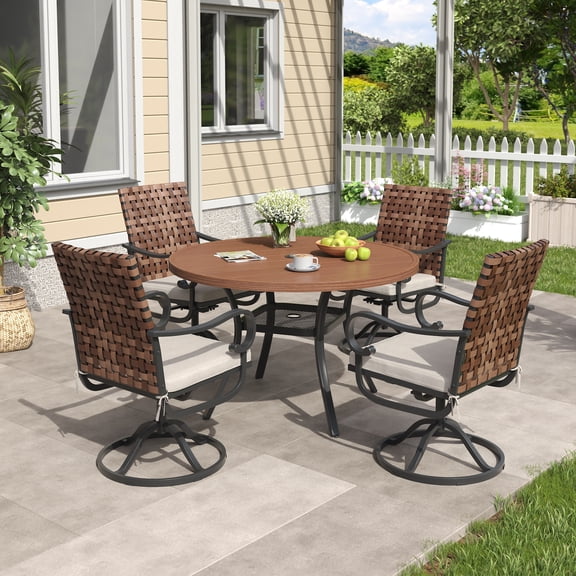 DIFY 5PCS Outdoor Patio Dining Set, 40.6" Metal Table & 4 Wicker Swivel Chairs, Walnut