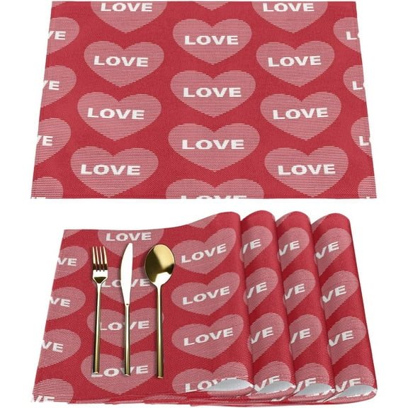 Valentine''s Day Line Heart Love Placemats Set of 6 Fabric Placemats Square Placemat for Kitchen Table Heat Resistant, Easy to Clean Table Placemats 12x18 Inch
