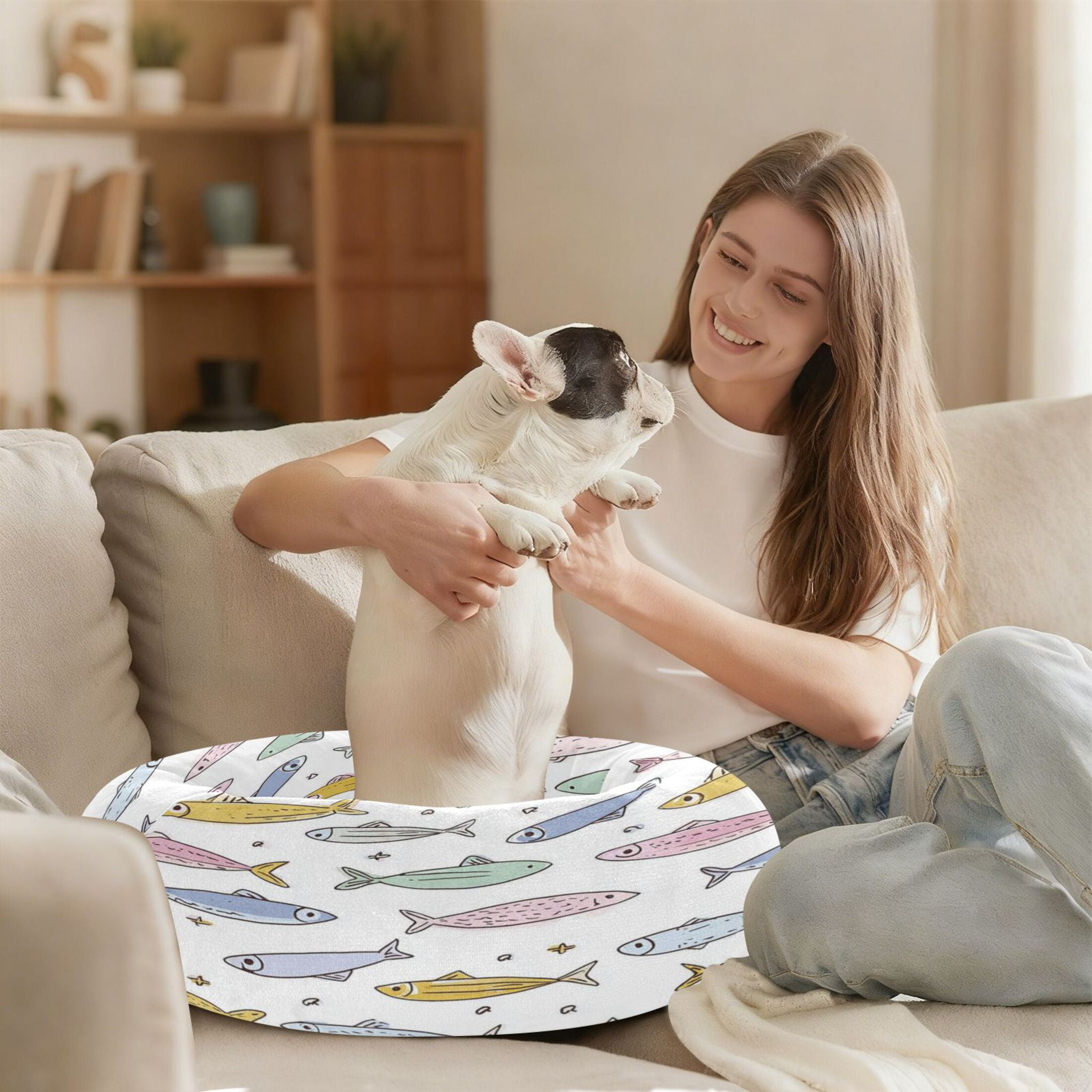 Iauyy Pet Couch Donut Cat Bed for Indoor Cats/Small Dogs Washable & Machine with Non-slip Bottom Calming Cat Furniture, Cartoon Sardines (M)
