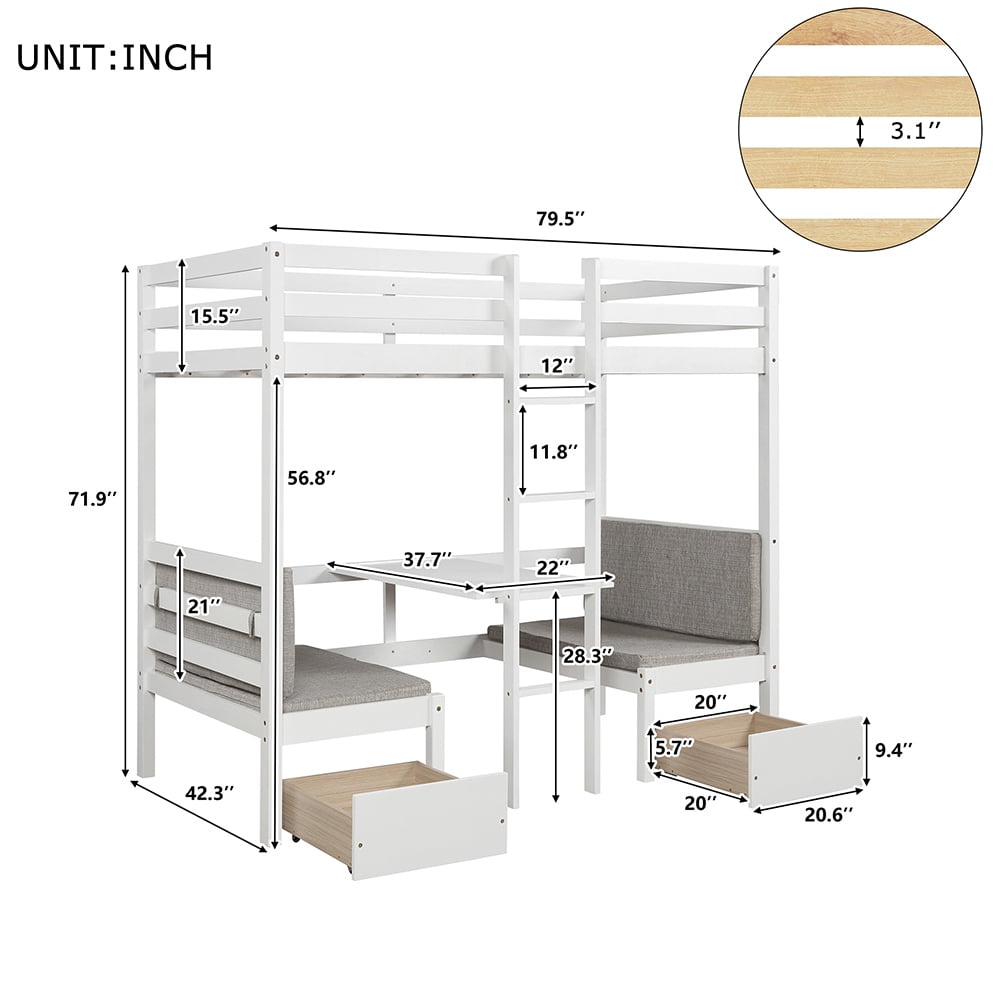 Kadyn Functional Loft Bed with Cushion, Turn into Upper Bed and Down Desk, Twin Size, White Kadyn Functional Loft Bed with Cushion, Turn into Upper Bed and Down Desk, Twin Size, White