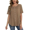 thumbnail image 2 of Women Summer Button Up Front Tops Shirts Casual Loose Pullover T-shirt Round Neck Pleated Tunic Blouses for Ladies Comfy Plain Tee, 2 of 9
