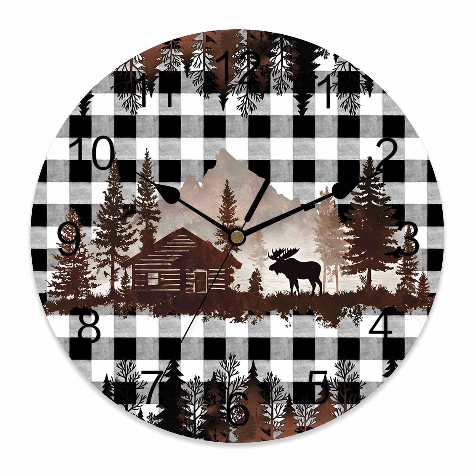 Wall Clock Forest Moose Clocks PVC Silent Non-Ticking Battery Operated Cabin Animal Pine Tree Woodland Plaid Round Clock for Home Living Room Kitchen Bedroom Office School Wall Decor 12 Inch