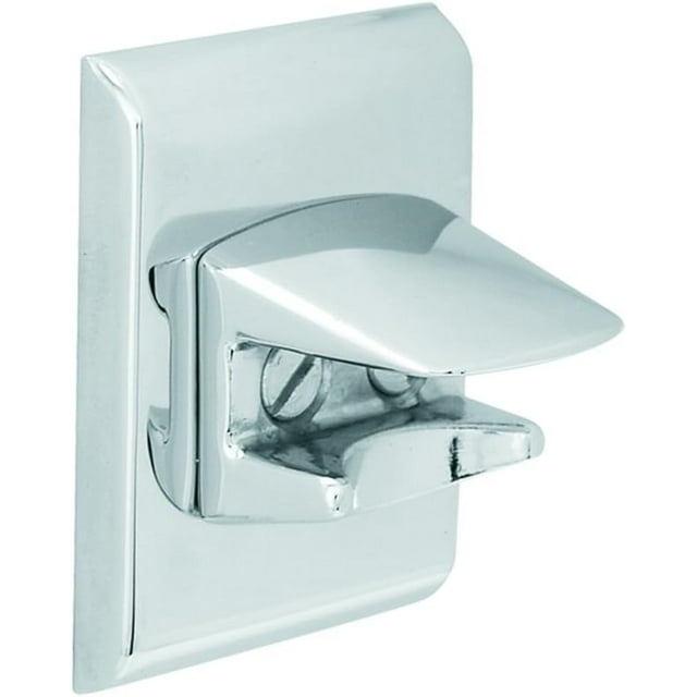 destapador semi empotrable urrea acabado cromo modelo 3323 vista frontal 3/4; destapador de pared plata con placa rectangular y acabado cromado, lengüeta superior inclinada y gancho inferior para sujetar tapas; compacto, dimensiones 3.5 x 3.5 x 3.5 cm; a menudo se usa en cocinas o barras como abridor de botellas montado en pared.