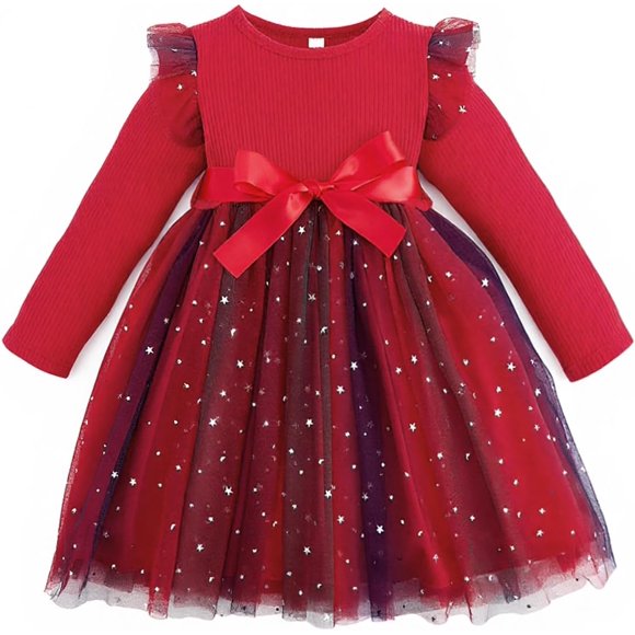 JiAmy Robes Arc-en-Ciel pour Filles Robe à Volants Manches Longues Enfants Paillettes Jupe en Tulle Côtelée pour 1-6 Ans