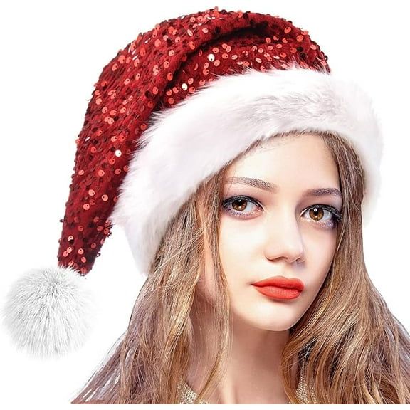 Sequin Santa Hat for Adults with Shiny Sequin and Fluffy Pompom, Party Hat for New Year Xmas Festival