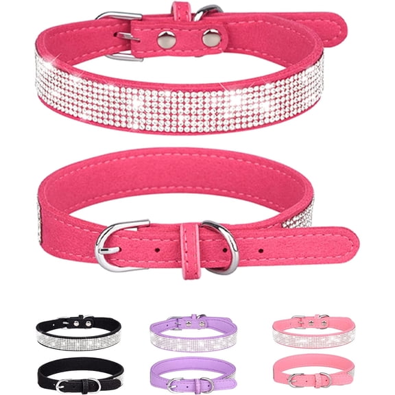 Adjustable Rhinestone Bling Dog Collar, Sparkly Crystal Suede Pet Collar, Soft Comfortable Leather‑Like Collar for Small Medium Large Dogs & Cats