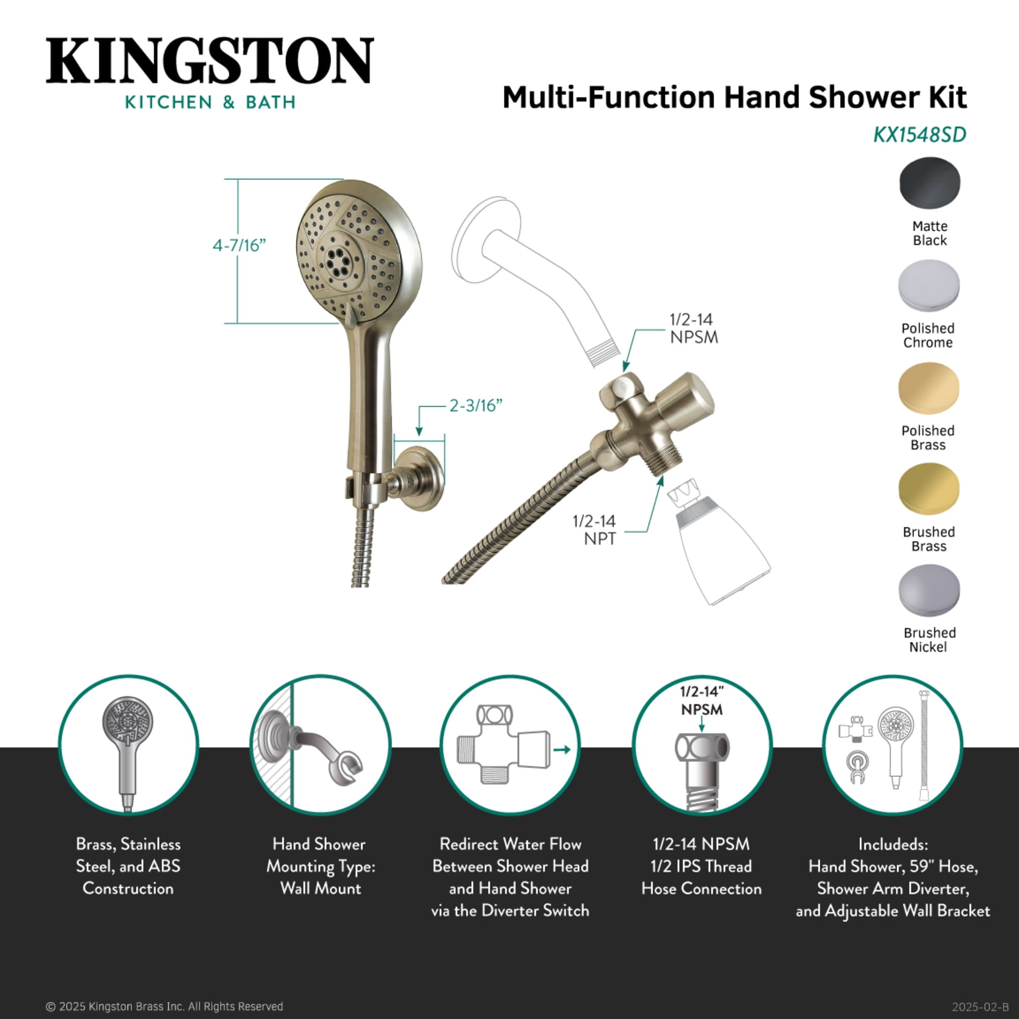 Kingston Brass KX1542SD Vilbosch Multi-Function Hand Shower Kit, Polished Brass