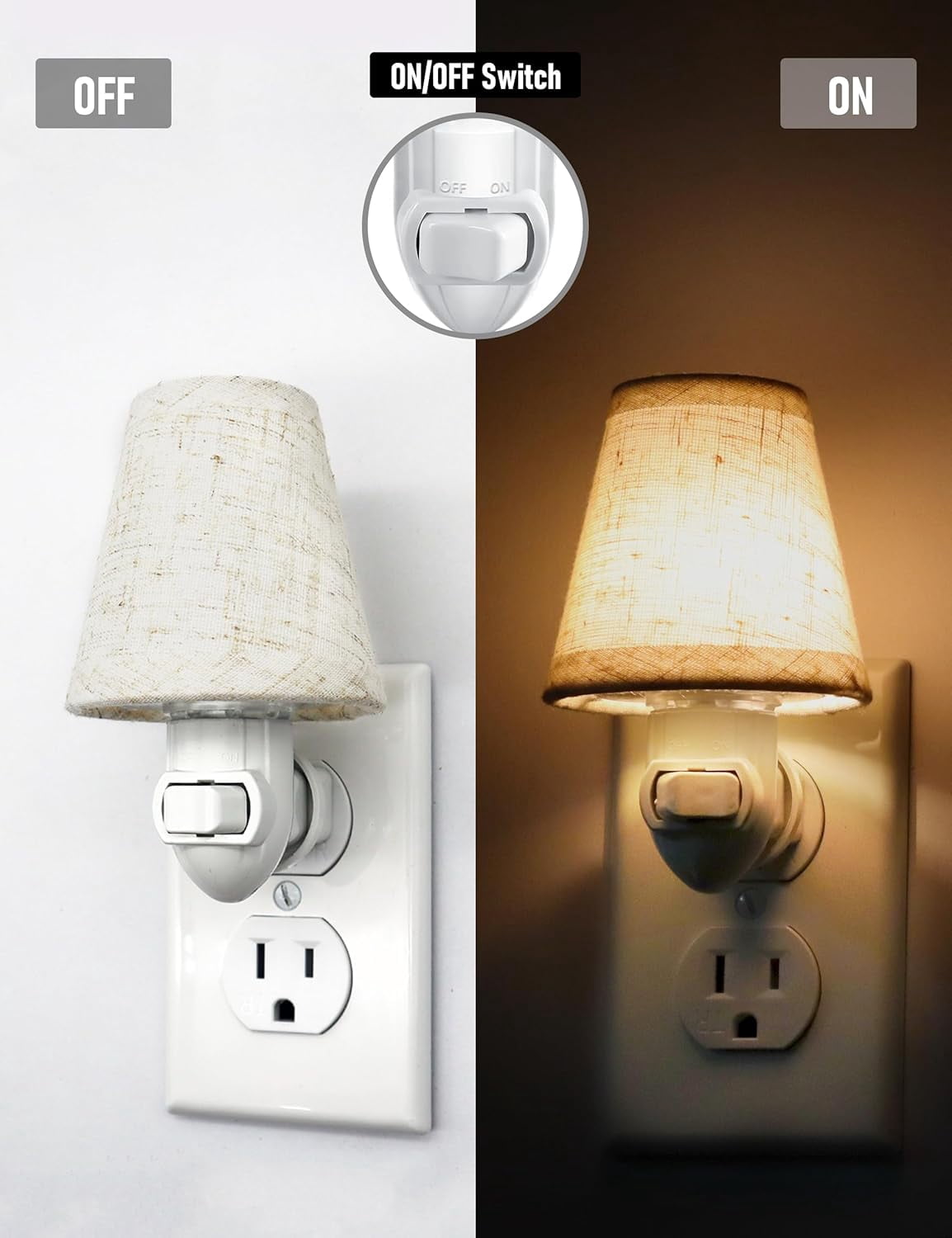 Vinta Plug in Night Light with Switch, 2-Pack 0.5W LED Night Lights Plug into Wall Socket, Soft Warm Baby Nursery Nightlight with Linen Fabric Lamp Shade for Adult Kids Room Bathroom Hallway