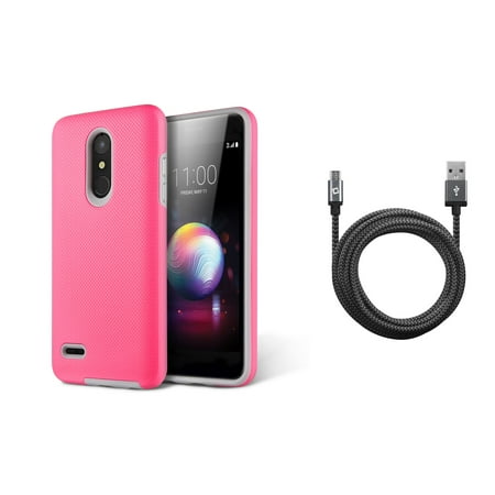 Premier Motor - Anti-Slip Textured Grip Impact Resistant Case (Hot Pink) with Heavy Duty Braided USB-A to Micro USB Cable (9 Feet / 2.7 Meters) and Atom Cloth for LG Premier Pro 4G LTE L413DL