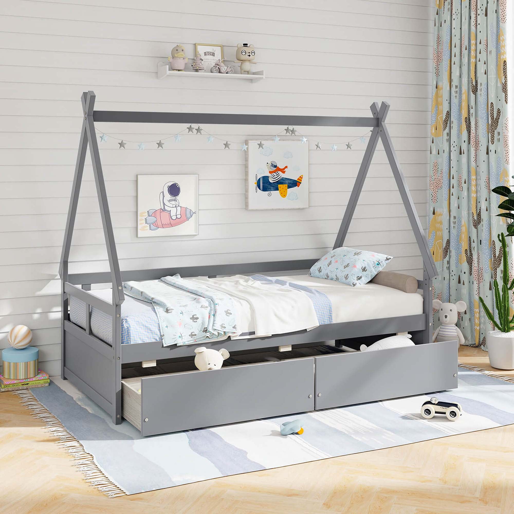 Costway Twin Size House Bed with Roof Safety Guardrail 2 Storage Drawers Wood Slat Support Gray