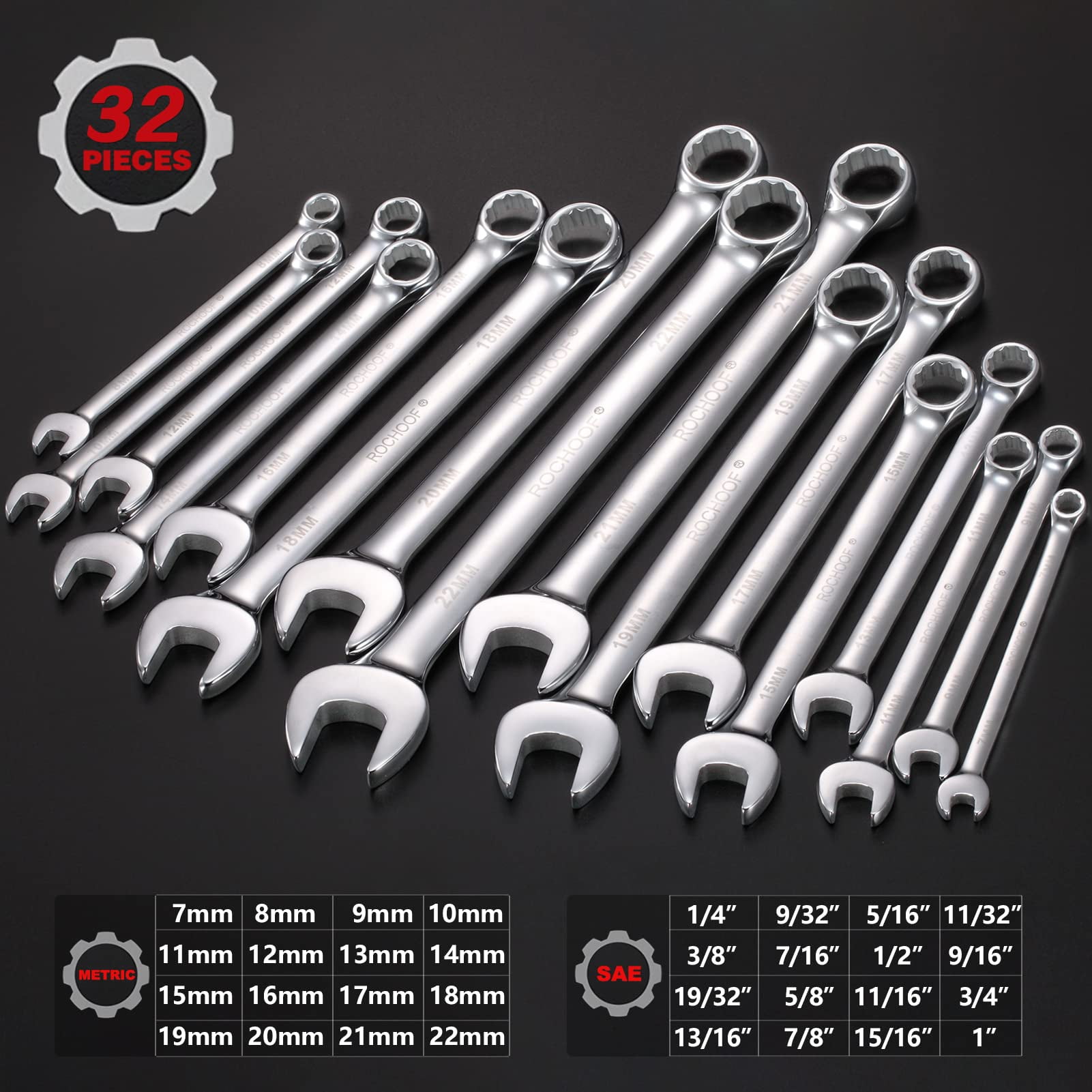 Combination Wrench Set,32-Piece Chrome Vanadium Steel Wrench Set 12-Point SAE & Metric Wrenches 1/4"-1" and 7-22mm with Rolling Pouch