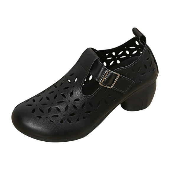 ShiShine Women's Mary Jane Block Heel Sandals with Floral Cutout Adjustable Buckle Strap Casual Summer Shoes for Daily Commute