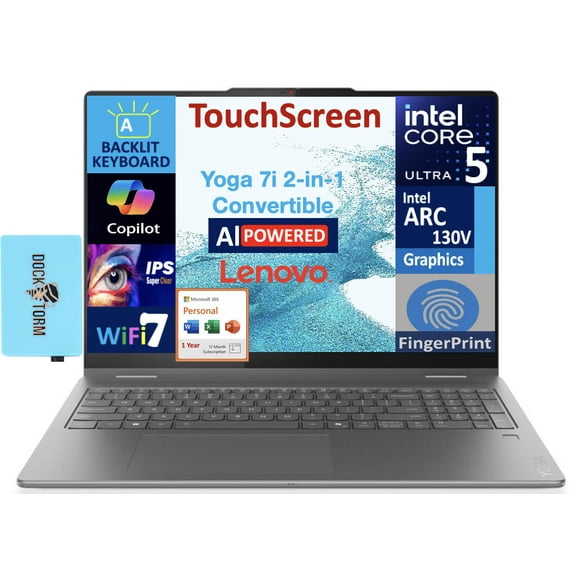 Lenovo Yoga AI Powered 2-in-1 Laptop 16.0in Touchscreen IPS WUXGA Display (Intel Ultra 5-226v, 16GB LPDDR5X, 1TB M.2 PCIe SSD, Backlit KB, Win 11 Pro) w/Microsoft 365 Personal , DKZ USB Port Expander