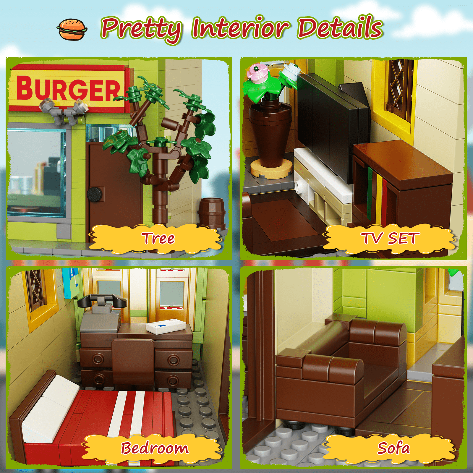 Burgers Shop Building Blocks Set Bob's Shop Model Toys Cartoon Creative Modular House Gift for Kids Adults(1018Pcs)