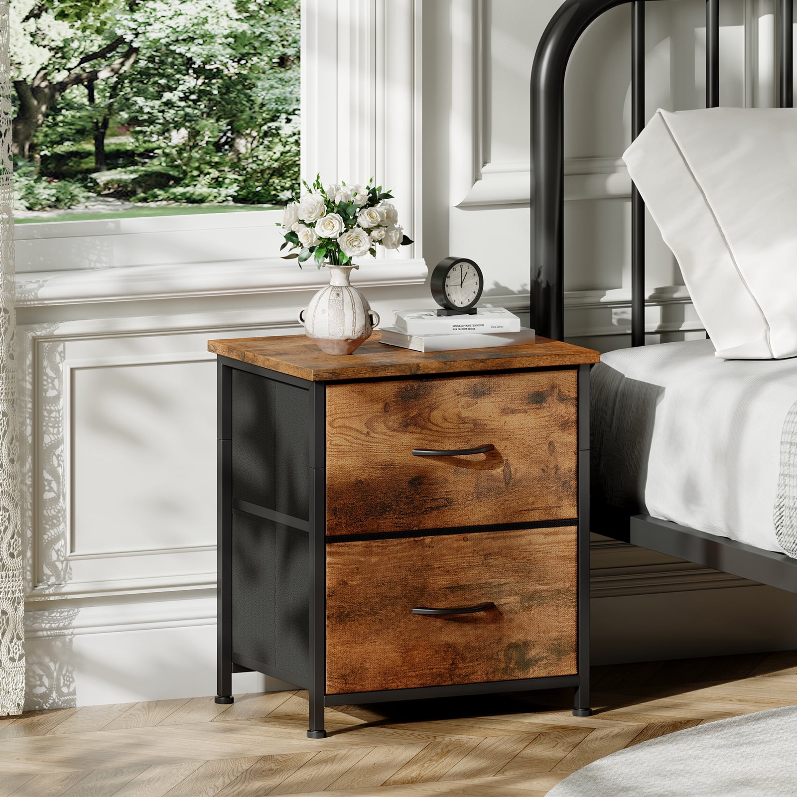 Eunos Small Nightstand for Bedroom with 2 Fabric Drawer, Bedside Table End Table for Closet, Wood Grain Print
