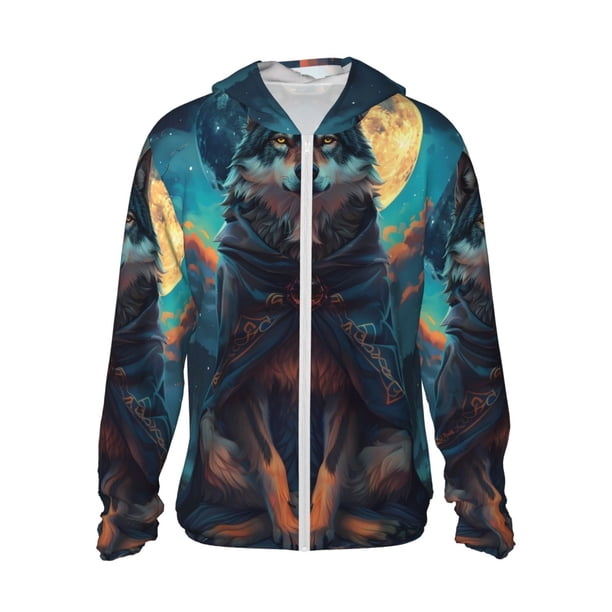 Fotbe Starry Sky Moon Wolf Leader Chaqueta con Protección Solar UPF 50+ para Hombre y Mujer, Camisa con Capucha y Bolsillos-X-Large