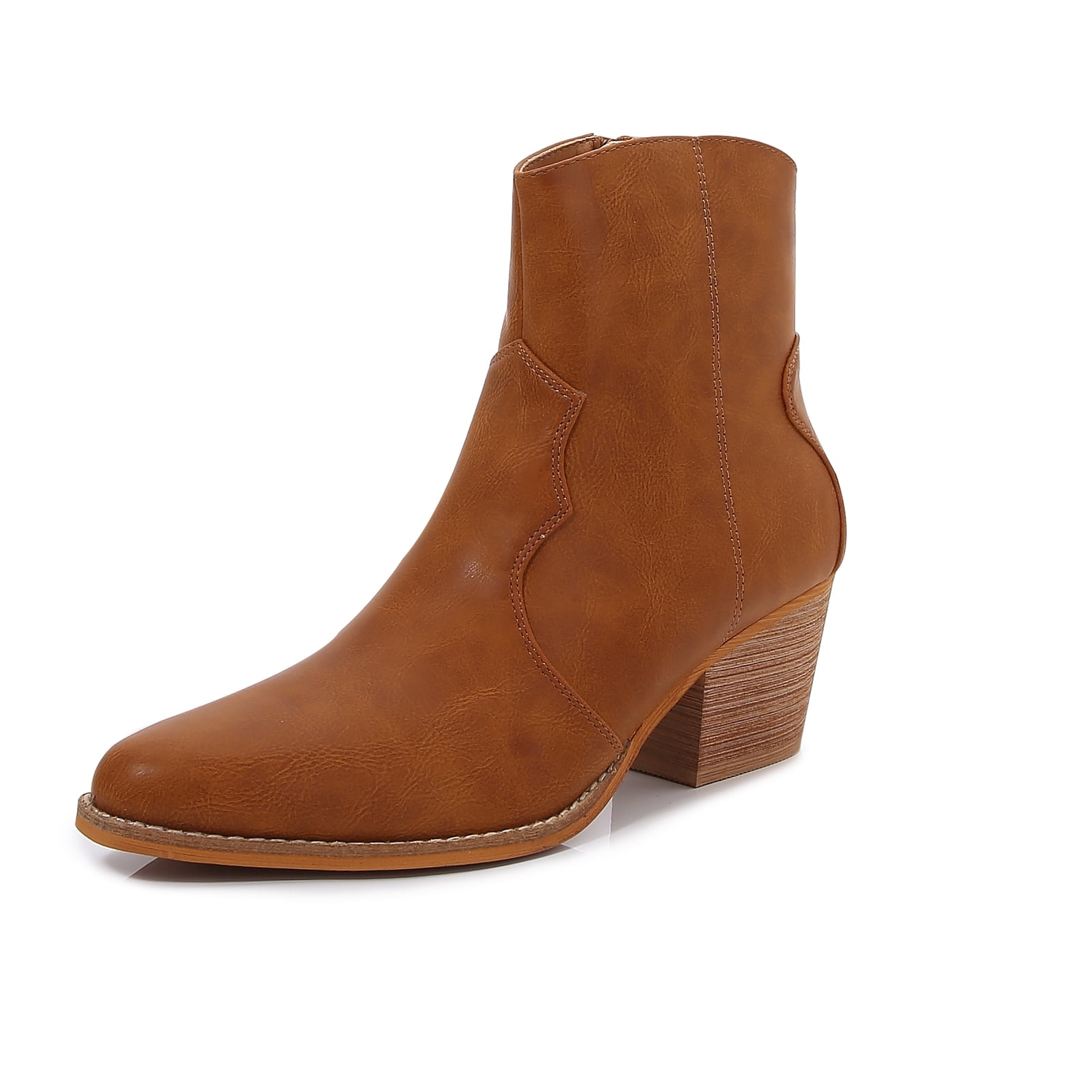 Women PU Leather Stacked Block Heel Western Cowboy Ankle Zip Up Boots (Camel / 10)