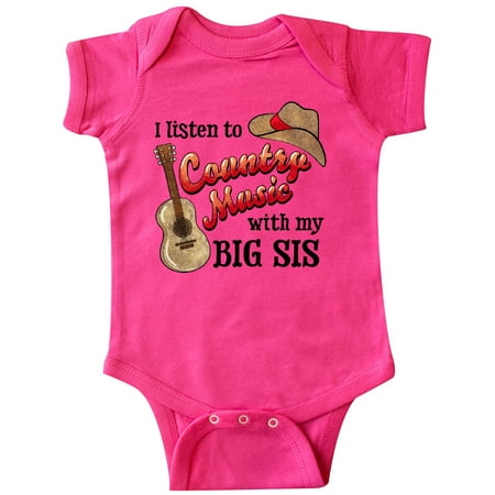 

Inktastic I Listen to Country Music with my Big Sis Guitar and Hat Gift Baby Boy or Baby Girl Bodysuit