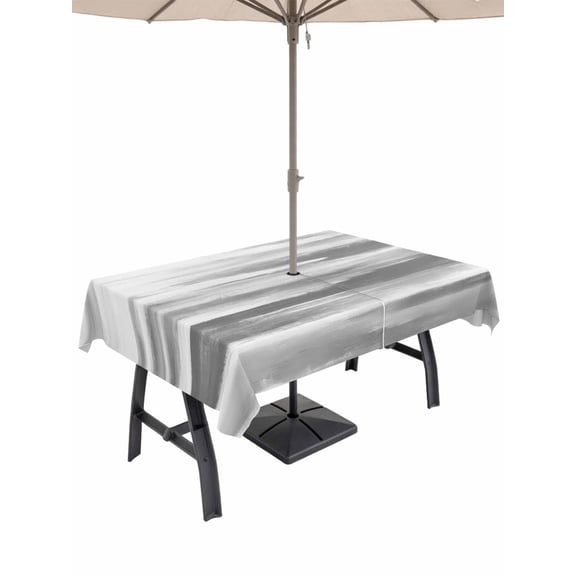 Grey White Ombre Outdoor Tablecloth with Umbrella Hole, Abstract Art Oil Painting Modern Spillproof Waterproof Outdoor Table Cover, Patio Tablecloths for Party Picnic Camping, Rectangle 54"x80"