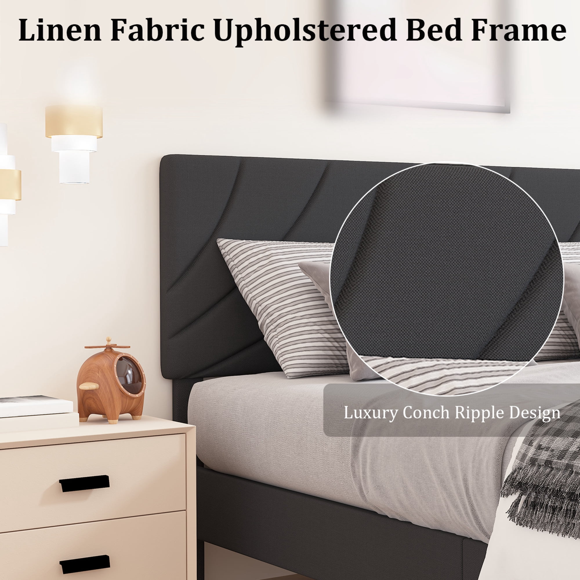 4 EVER WINNER Queen Bed Frames,Queen Size Bed Frame with Linen Fabric Upholstered Headboard and Wooden Slats Support,Adjustable Headboard, No Box Spring Needed, Noise-Free, Easy Assembly, Black